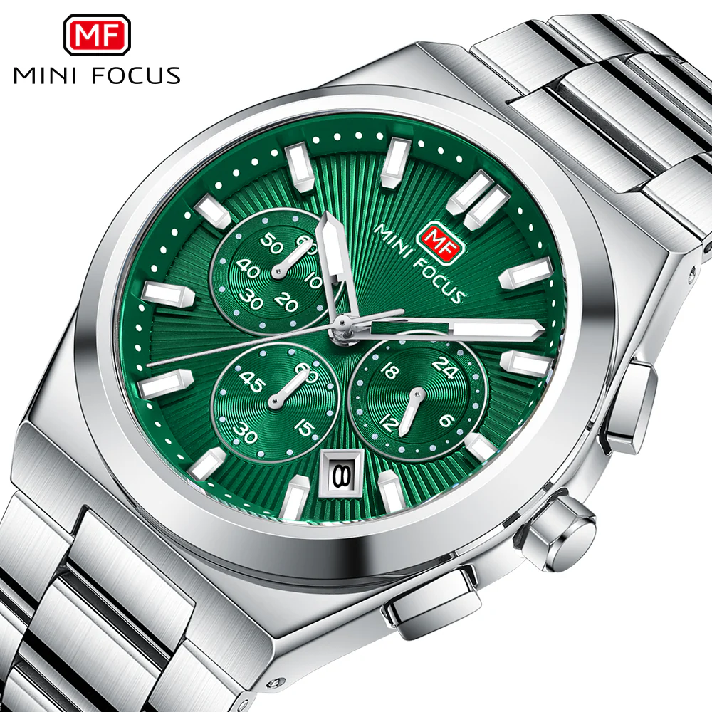 Mini Focus Silver Stainless Steel Green Dial Chronograph Quartz Watch for Gents - MF0614G-02 - Image 2