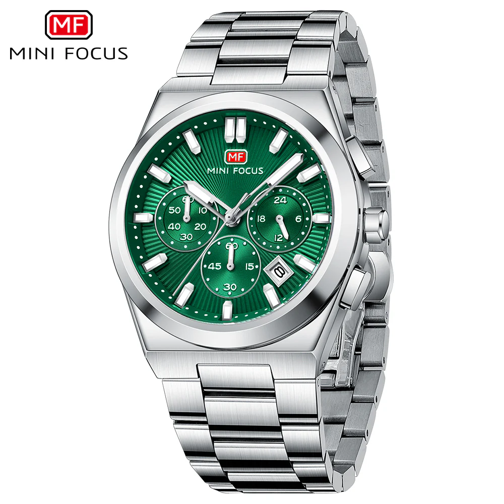 Mini Focus Silver Stainless Steel Green Dial Chronograph Quartz Watch for Gents - MF0614G-02 - Image 3