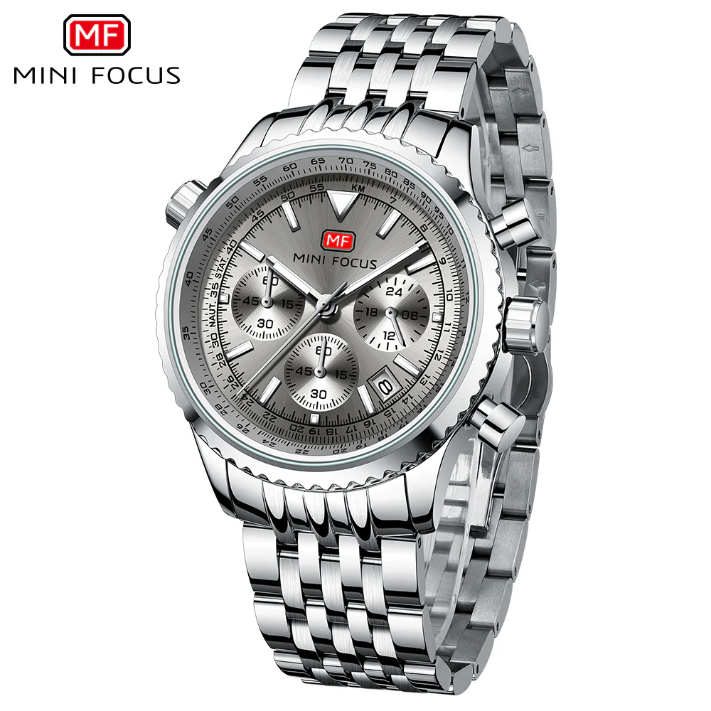 Mini Focus Silver Stainless Steel Grey Dial Chronograh Quartz Watch for Gents - MF0463G-01 - Image 2