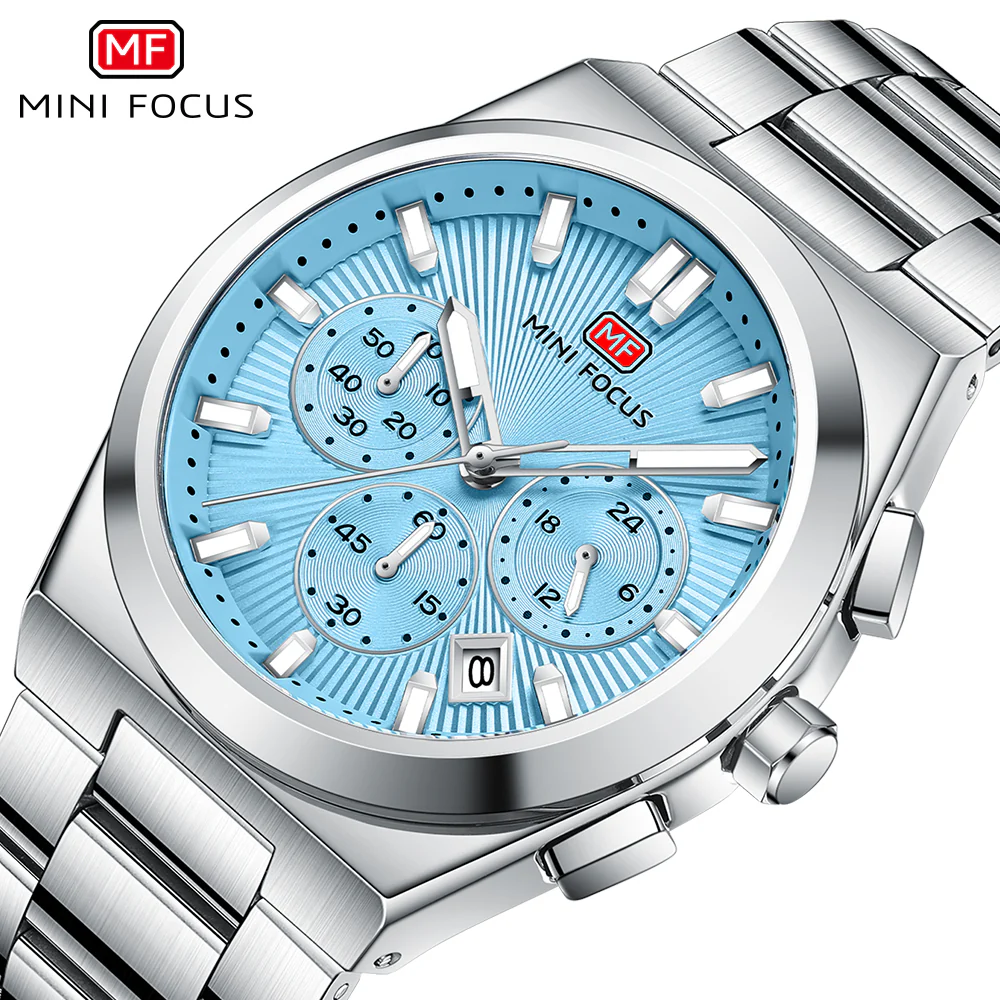 Mini Focus Silver Stainless Steel Light blue Dial Chronograph Quartz Watch for Gents - MF0614G-03 - Image 2