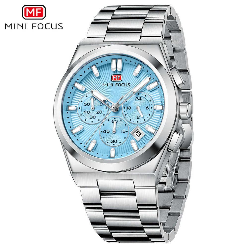 Mini Focus Silver Stainless Steel Light blue Dial Chronograph Quartz Watch for Gents - MF0614G-03 - Image 3