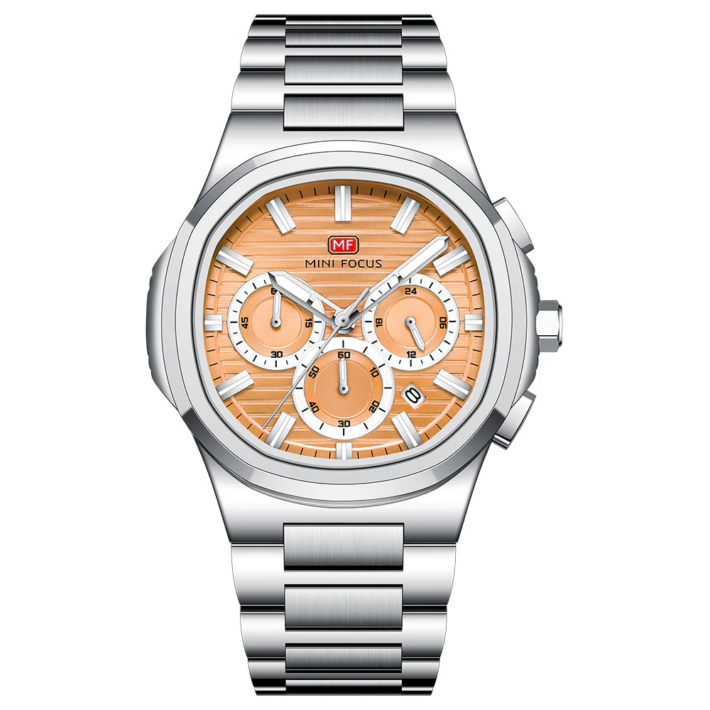 Mini Focus Silver Stainless Steel Orange Dial Chronograph Quartz Watch for Gents - MF0610G-06
