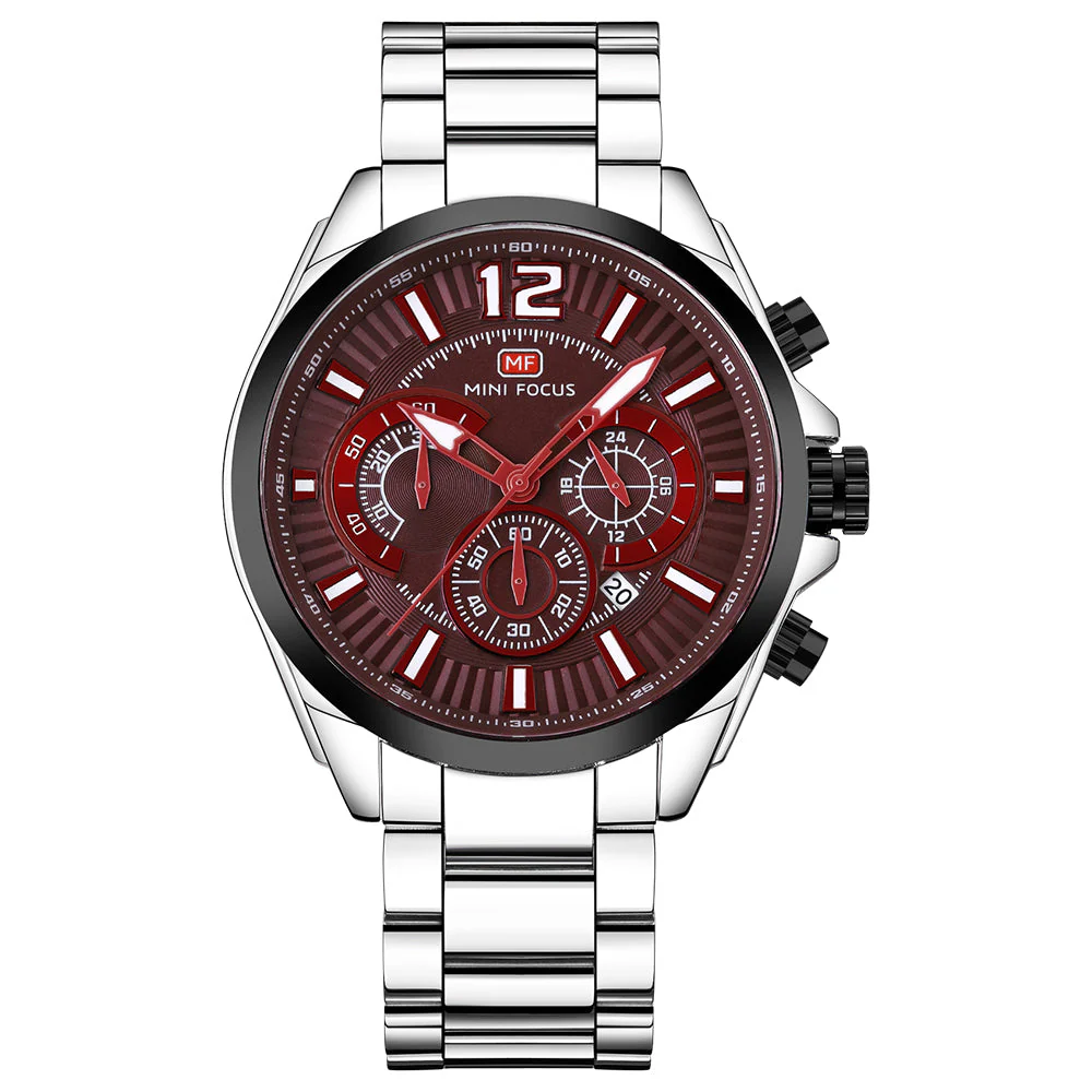 Mini Focus Silver Stainless Steel Red Dial Chronograph Quartz Watch for Gents - MF0104G-03
