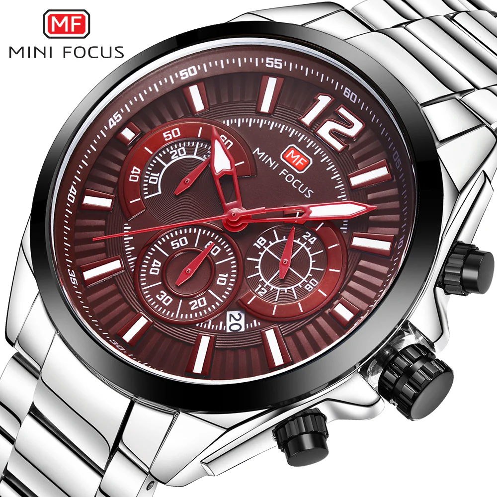Mini Focus Silver Stainless Steel Red Dial Chronograph Quartz Watch for Gents - MF0104G-03 - Image 2