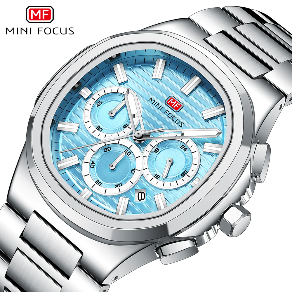 Mini Focus Silver Stainless Steel Tiffany Blue Dial Chronograph Quartz Watch for Gents - MF0610G-04 - Image 2