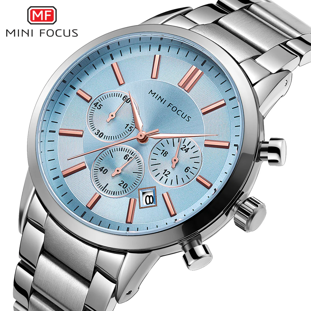 Mini Focus Silver Stainless Steel Tiffany Dial Chronograph Quartz Watch for Gents - MF0188G-07 - Image 2