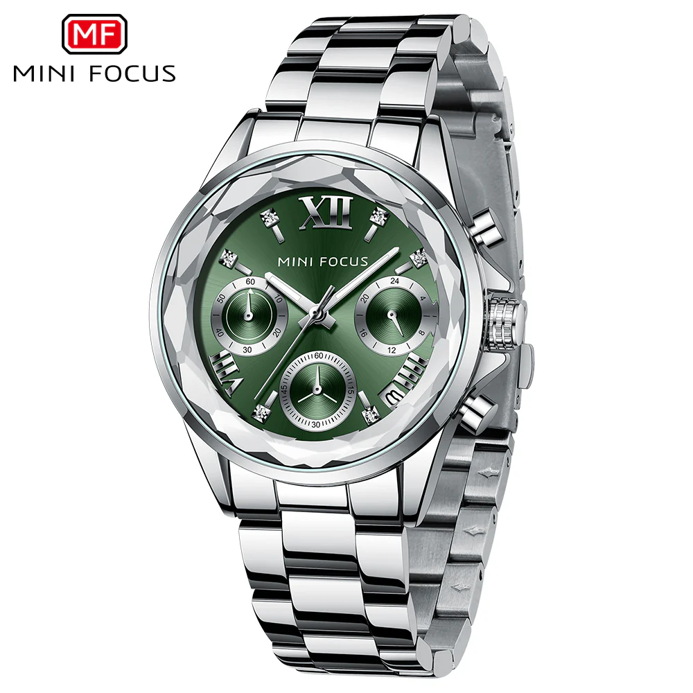 Mini Focus Silver Stainless Steel White Dial Chronograh Quartz Watch for Ladies - MF0466L-02 - Image 2