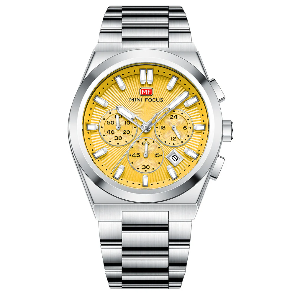 Mini Focus Silver Stainless Steel Yellow Dial Chronograph Quartz Watch for Gents - MF0614G-04