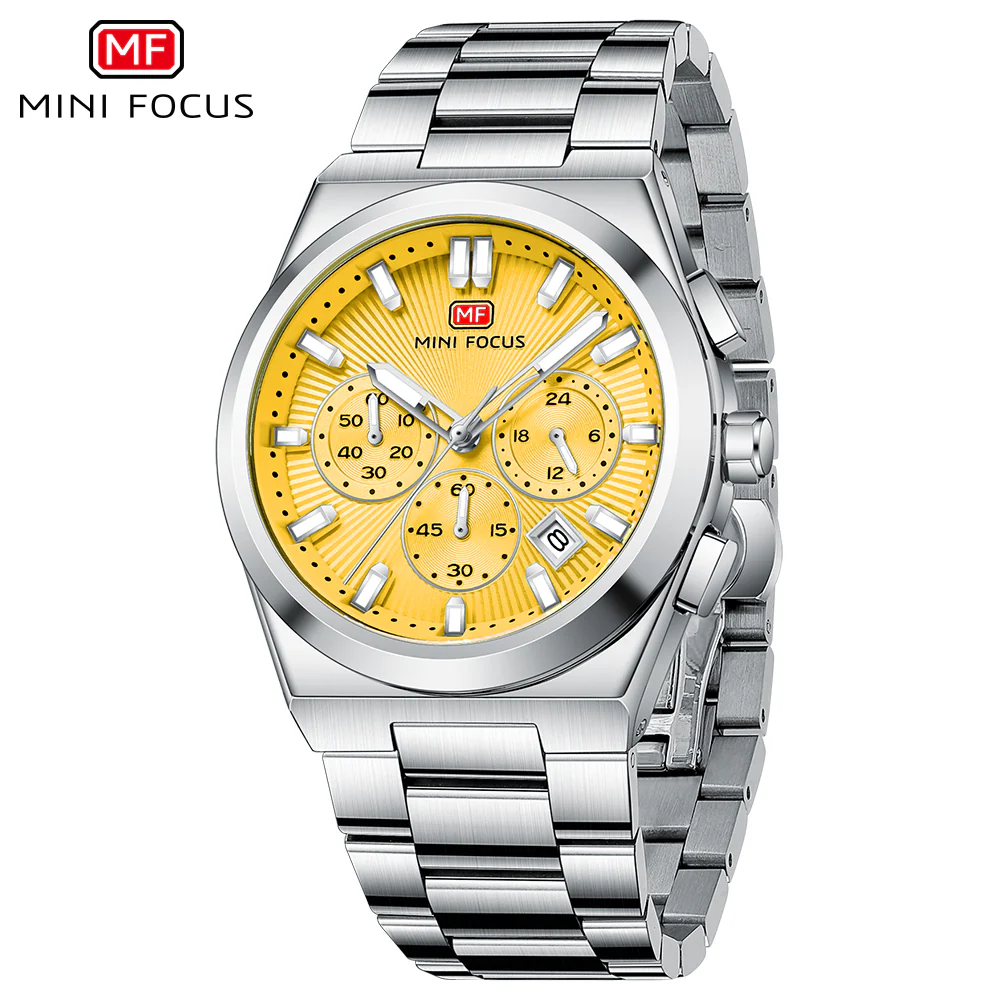 Mini Focus Silver Stainless Steel Yellow Dial Chronograph Quartz Watch for Gents - MF0614G-04 - Image 2