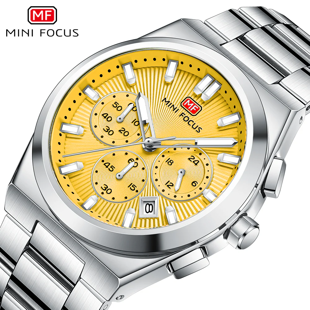 Mini Focus Silver Stainless Steel Yellow Dial Chronograph Quartz Watch for Gents - MF0614G-04 - Image 3