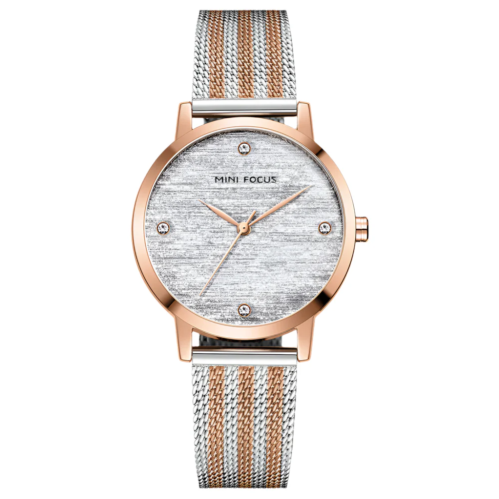 Mini Focus Two-tone Mesh Bracelet Silver Silk Dial Quartz Watch for Ladies - MF0329L-02