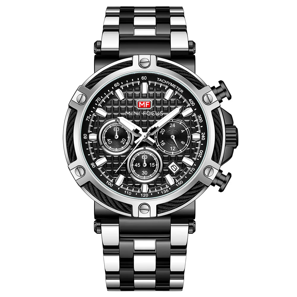 Mini Focus Two-tone Stainless Steel Black Dial Chronograh Quartz Watch for Gents - MF0470G-06