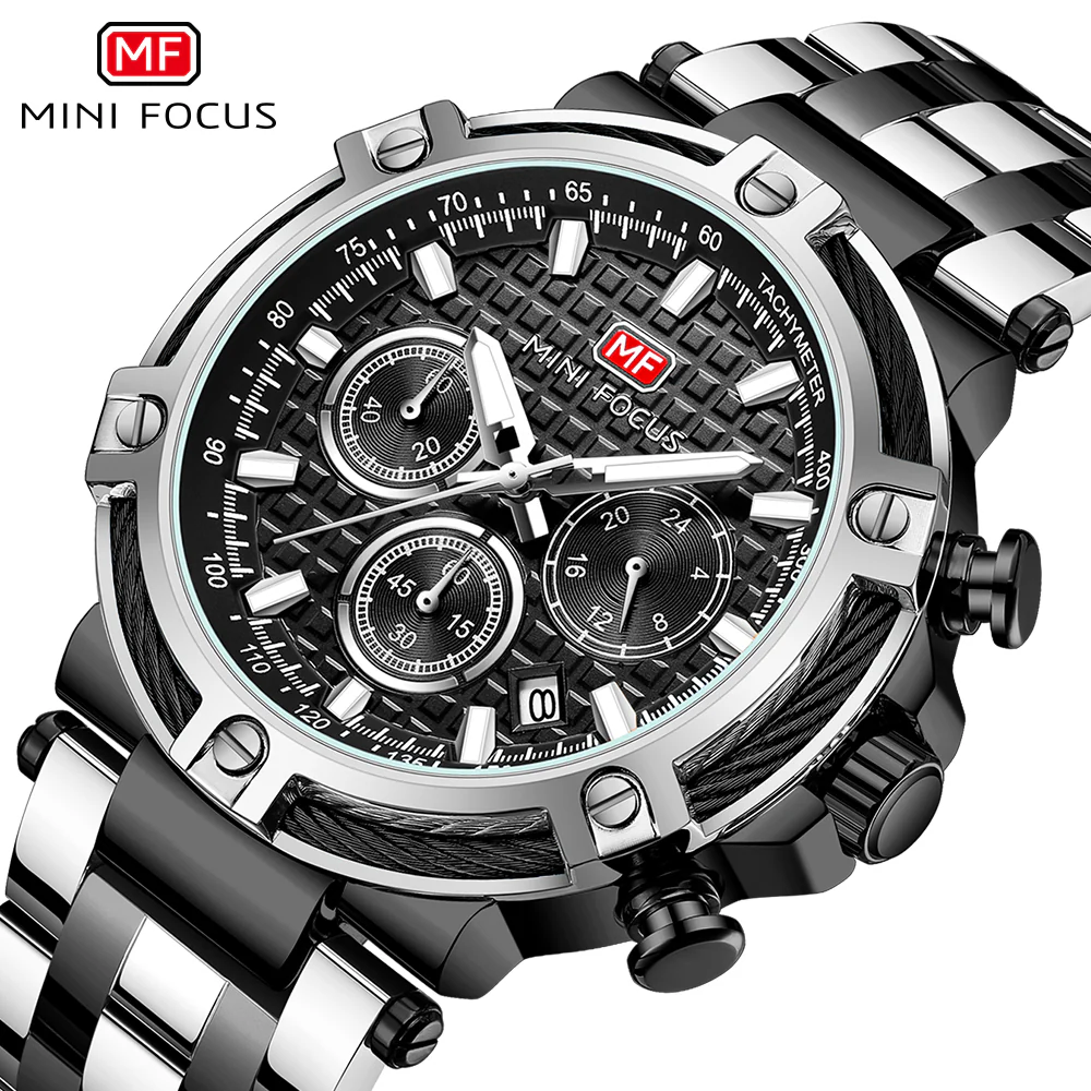 Mini Focus Two-tone Stainless Steel Black Dial Chronograh Quartz Watch for Gents - MF0470G-06 - Image 3