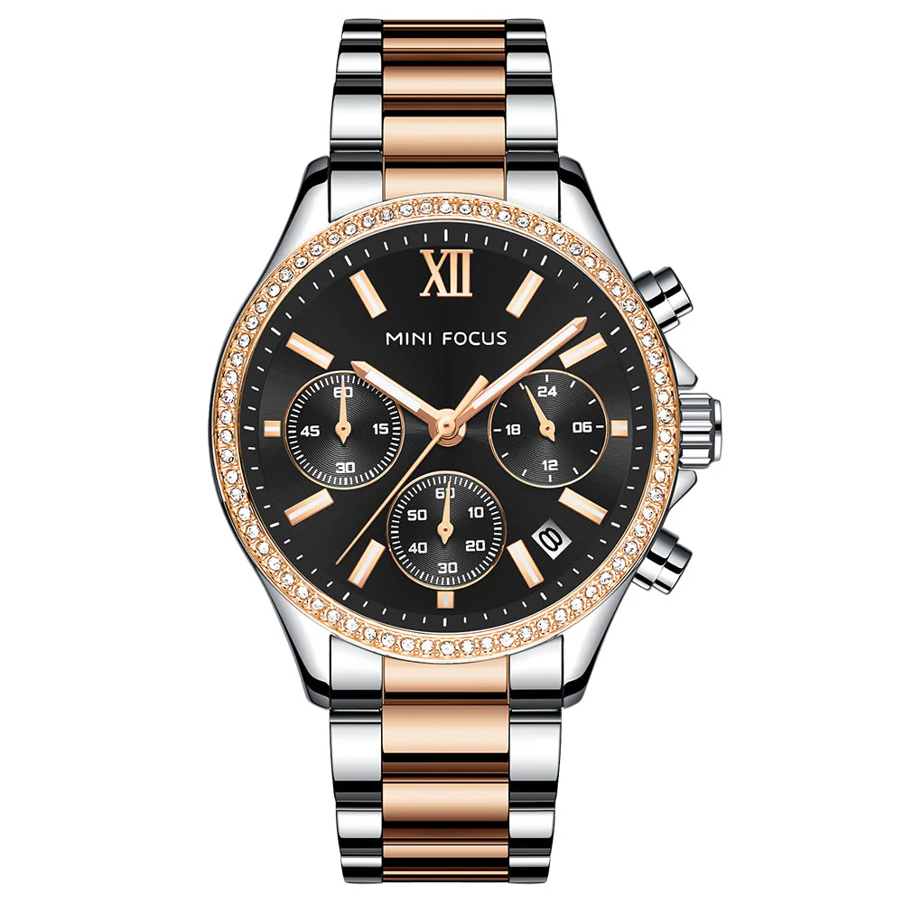 Mini Focus Two-tone Stainless Steel Black Dial Chronograph Quartz Watch for Ladies - MF0617L-02