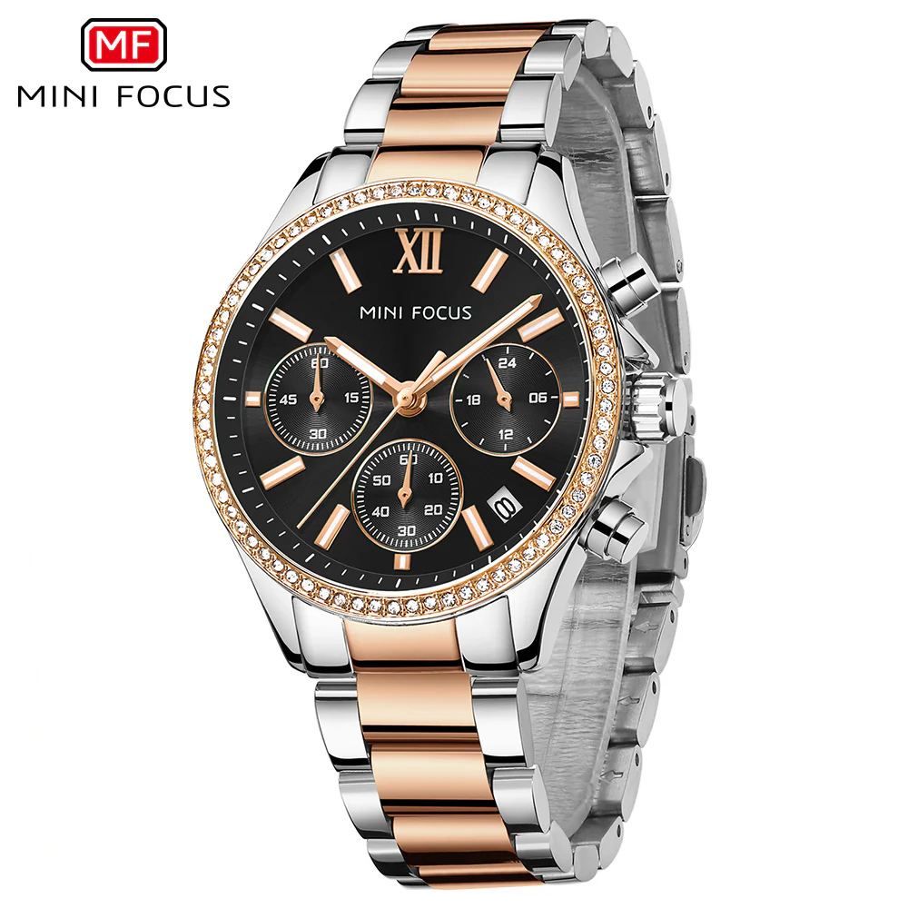 Mini Focus Two-tone Stainless Steel Black Dial Chronograph Quartz Watch for Ladies - MF0617L-02 - Image 2