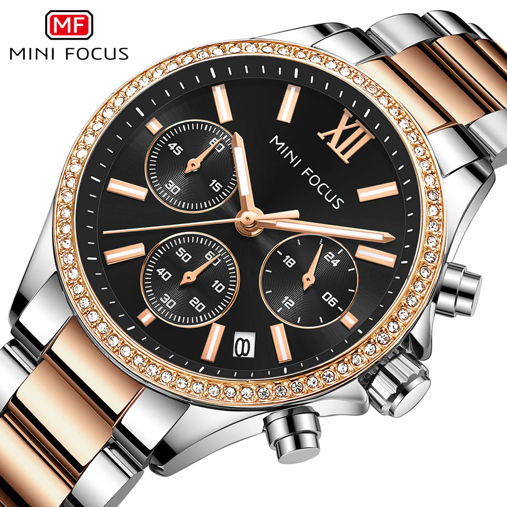 Mini Focus Two-tone Stainless Steel Black Dial Chronograph Quartz Watch for Ladies - MF0617L-02 - Image 3