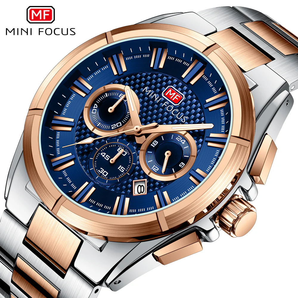 Mini Focus Two-tone Stainless Steel Blue Dial Chronograph Quartz Watch for Gents - MF0495G-05 - Image 3