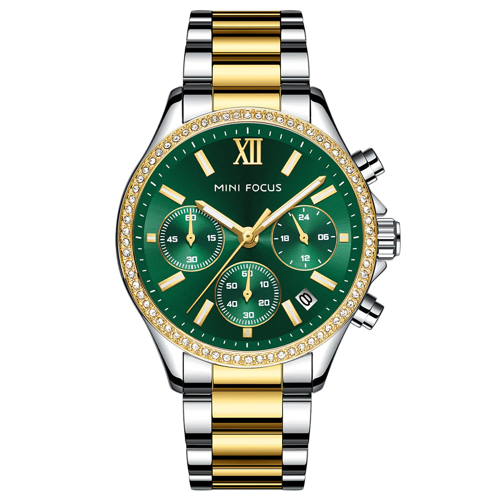 Mini Focus Two-tone Stainless Steel Green Dial Chronograph Quartz Watch for Ladies - MF0617L-03