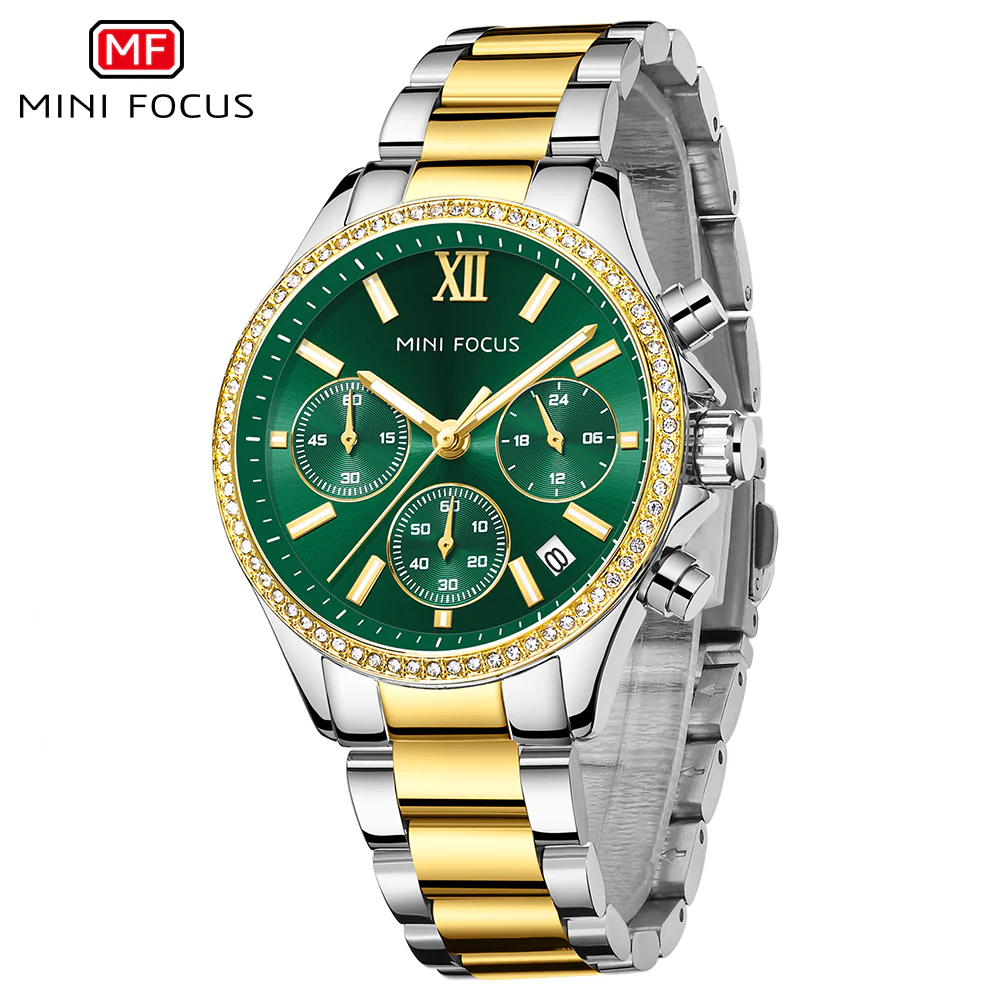 Mini Focus Two-tone Stainless Steel Green Dial Chronograph Quartz Watch for Ladies - MF0617L-03 - Image 2