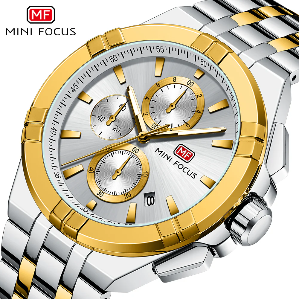 Mini Focus Two-tone Stainless Steel Silver Dial Chronograh Quartz Watch for Gents - MF0471G-02 - Image 3