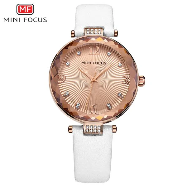Mini Focus White Leather Strap Rose Gold Dial Quartz Watch for Ladies - MF0038L-02