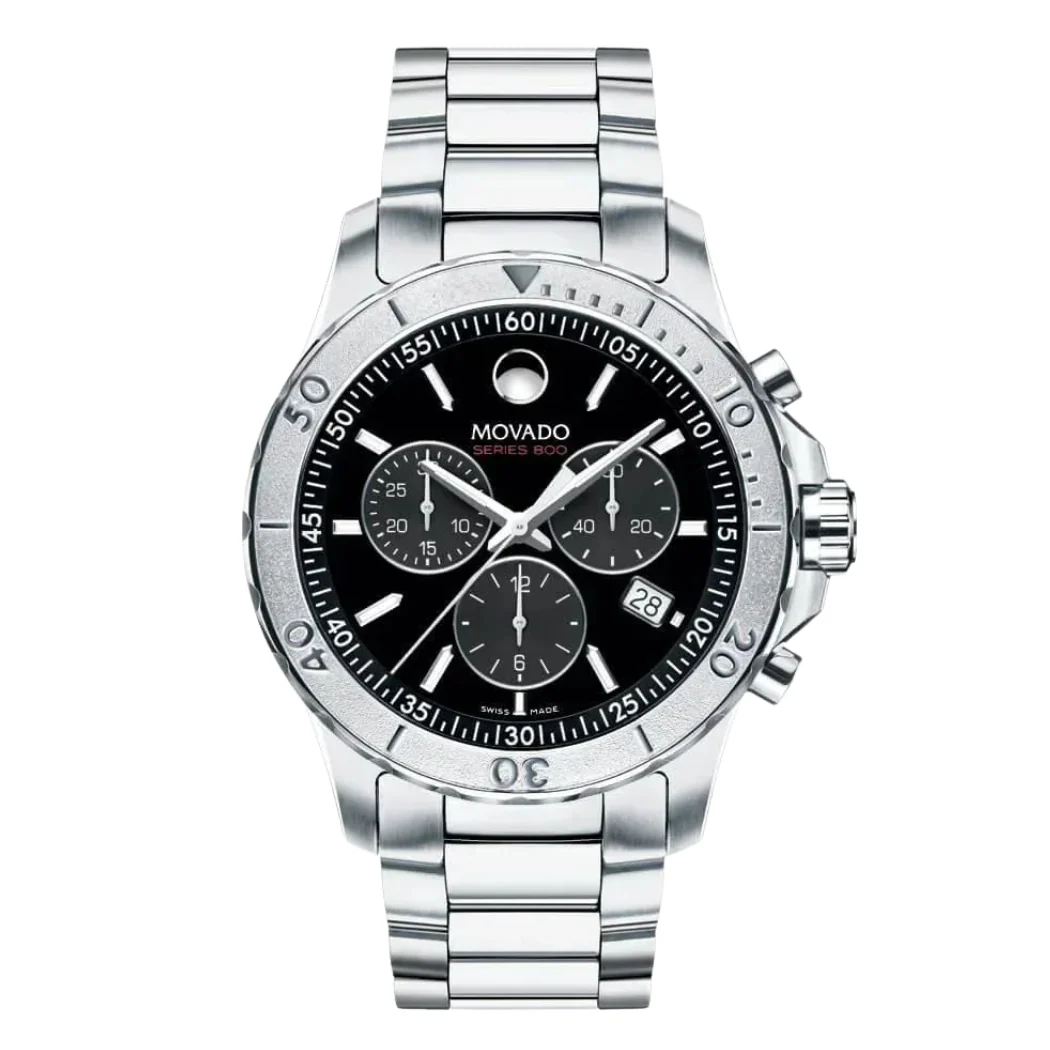 Movado 800 Series Silver Stainless Steel Black Dial Chronograph Quartz Watch for Gents - 2600110