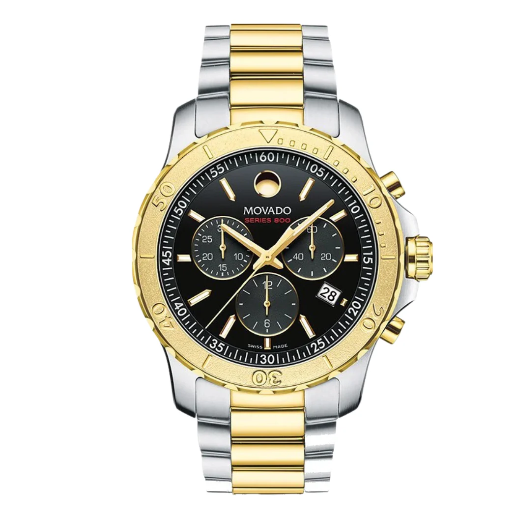 Movado 800 Series Two-Tone Stainless Steel Black Dial Chronograph Quartz Watch for Gents - 2600138