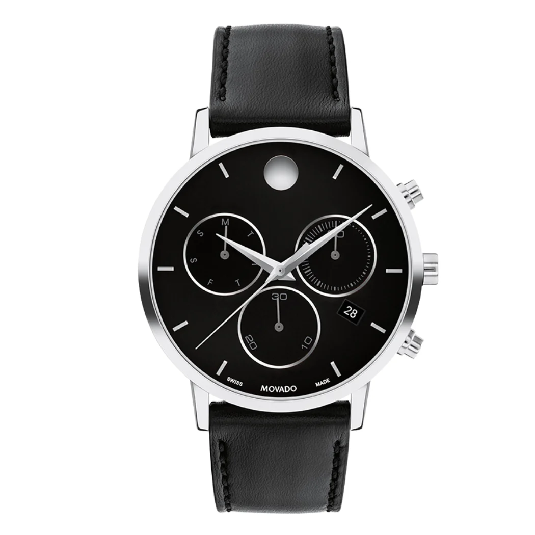 Movado Black Leather Strap Black Dial Quartz Watch for Gents - Movado 0607778