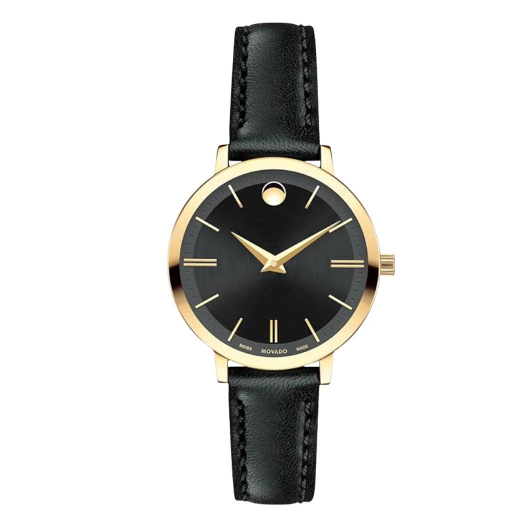 Movado Black Leather Strap Black Dial Quartz Watch for Ladies - Movado 0607095