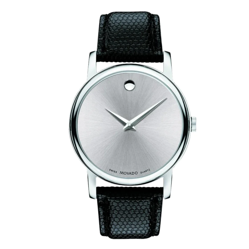 Movado Black Leather Strap Silver Dial Quartz Watch for Gents - Movado 2100001