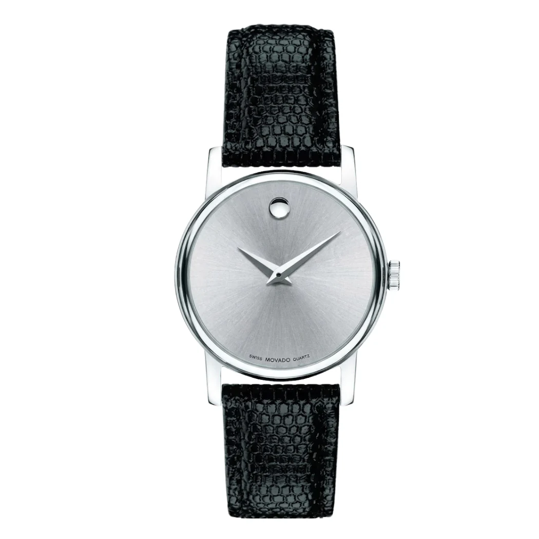 Movado Black Leather Strap Silver Dial Quartz Watch for Ladies - Movado 2100003