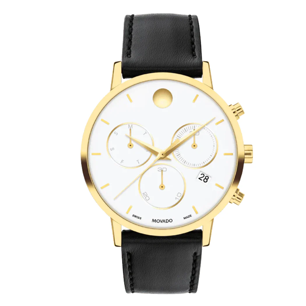 Movado Black Leather Strap White Dial Chronograph Quartz Watch for Gents - Movado 0607888