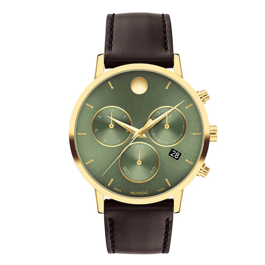 Movado Brown Leather Strap Green Dial Chronograph Quartz Watch for Gents - Movado 0607890