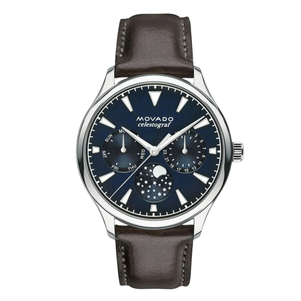 Movado Brown Leather Strap Navy Blue Dial Quartz Watch for Ladies - Movado 3650009