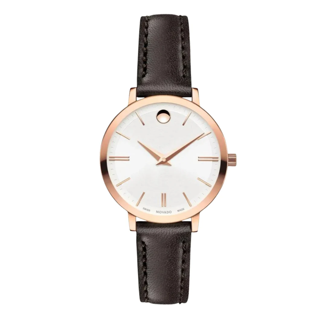 Movado Brown Leather Strap Silver Dial Quartz Watch for Ladies - Movado 0607096