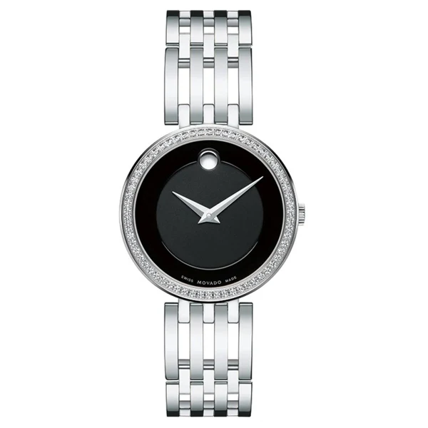 Movado Esperanza Silver Stainless Steel Black Dial Quartz Watch for Ladies - 607052