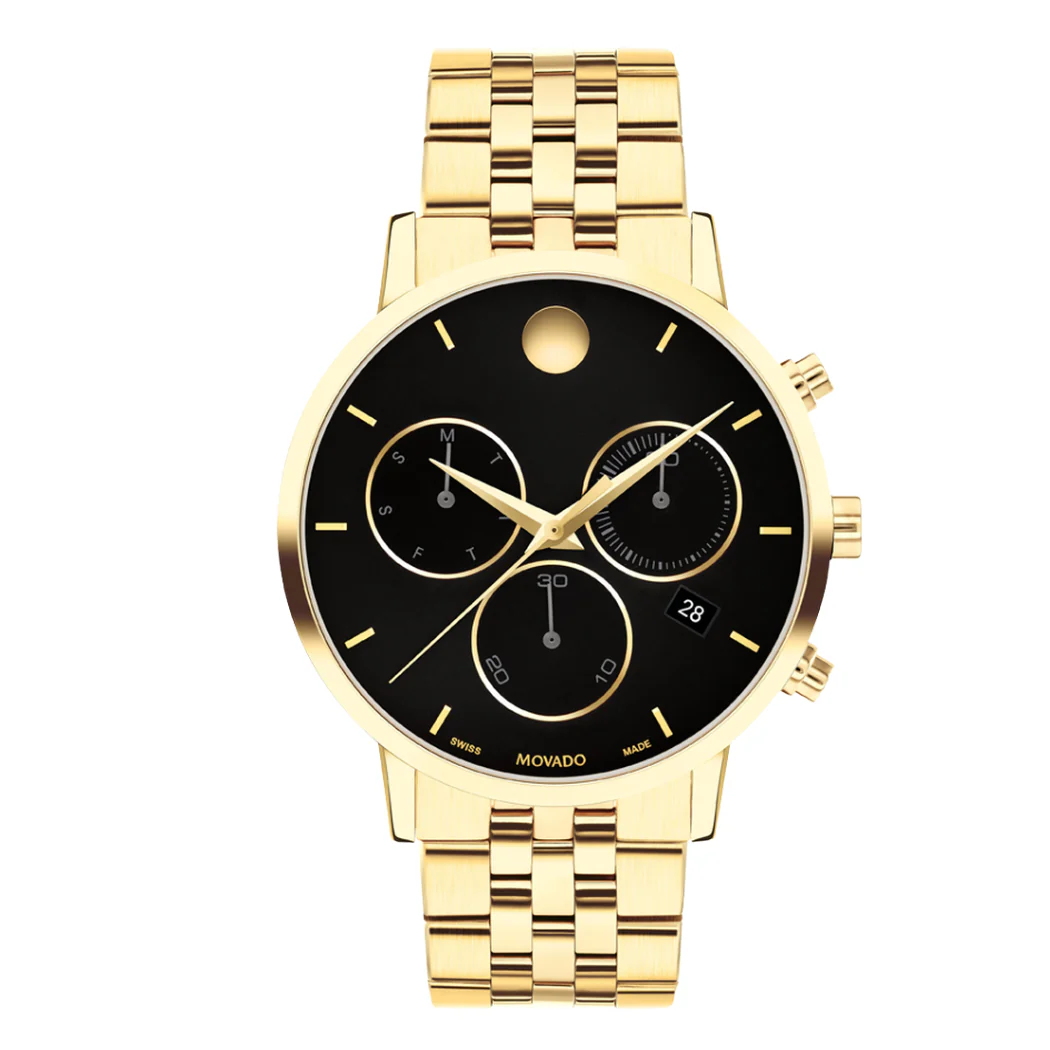 Movado Gold Stainless Steel Black Dial Chronograph Quartz Watch for Gents - Movado 0607810