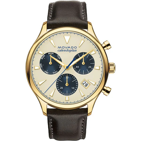 Movado Heritage Brown Leather Black Dial Chronograph Quartz Watch for Gents- 3650007