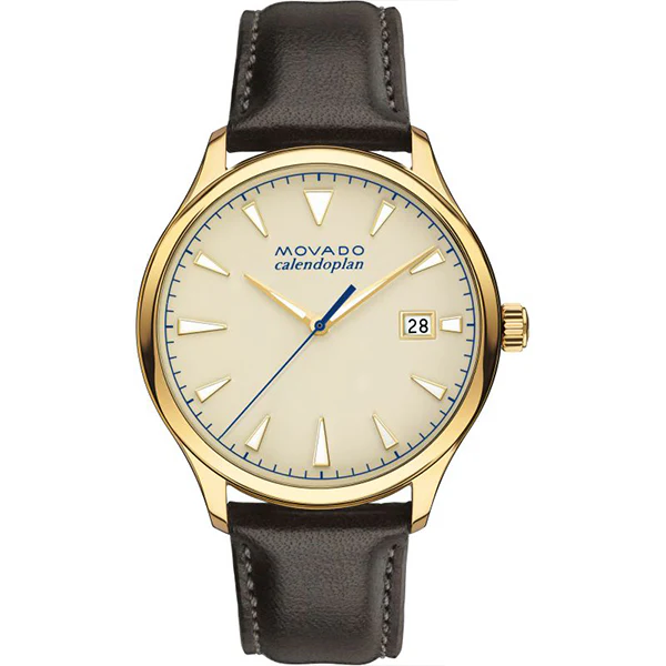 Movado Heritage Brown Leather Parchment Dial Quartz Watch for Gents- 3650003