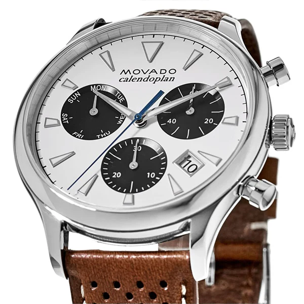 Movado Heritage Brown Leather White Dial Chronograph Quartz Watch for Gents- 3650008 - Image 4