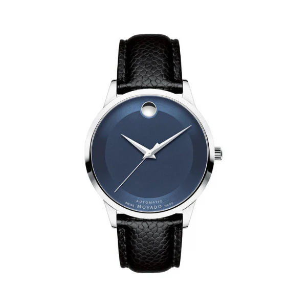 Movado Modern Classic Black Leather Blue Dial Automatic Watch for Gents- 0607123