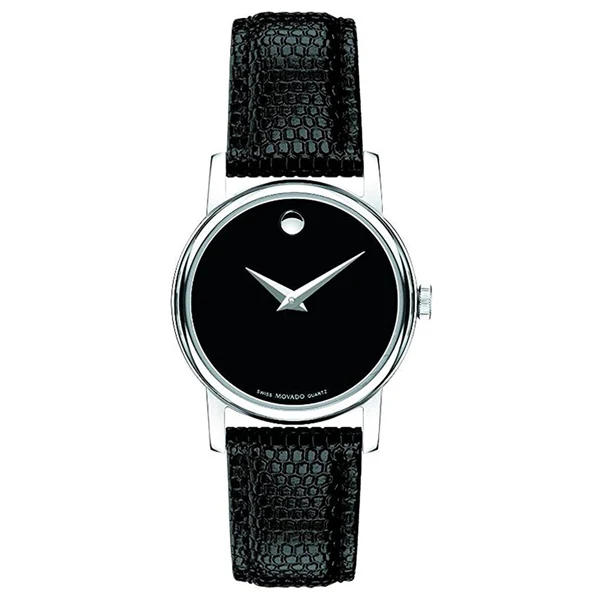 Movado Museum Black Leather Black Dial Quartz Watch for Ladies - 2100004