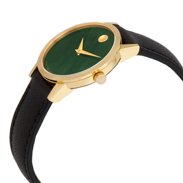 Movado Museum Black Leather Strap Green Mother of Pearl Dial Quartz Watch for Ladies - 0607423 - Image 2