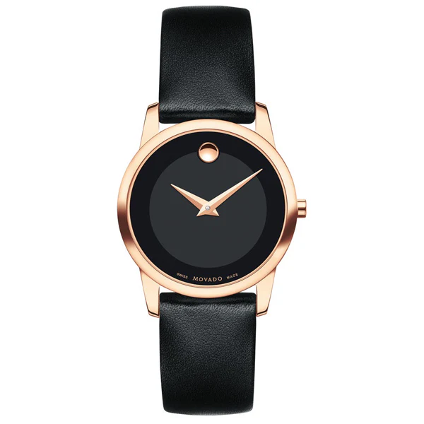 Movado Museum Classic Black Leather Black Dial Quartz Watch for Ladies - 607079