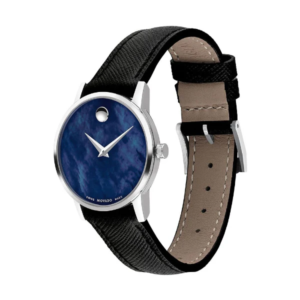 Movado Museum Classic Black Leather Strap Blue Mother of Pearl Dial Quartz Watch for Ladies - Movado 0607422 - Image 2