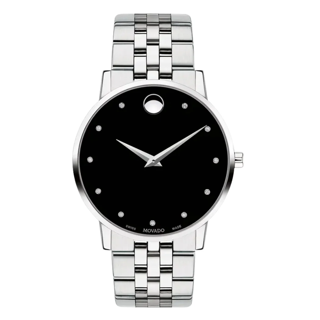 Movado Museum Silver Stainless Steel Black Dial Quartz Watch for Gents- 0607201