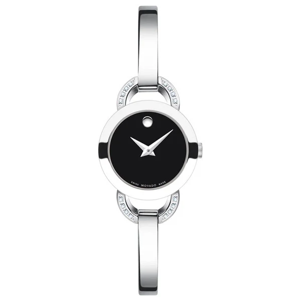 Movado Rondiro Silver Stainless Steel Black Dial Quartz Watch for Ladies - 606798