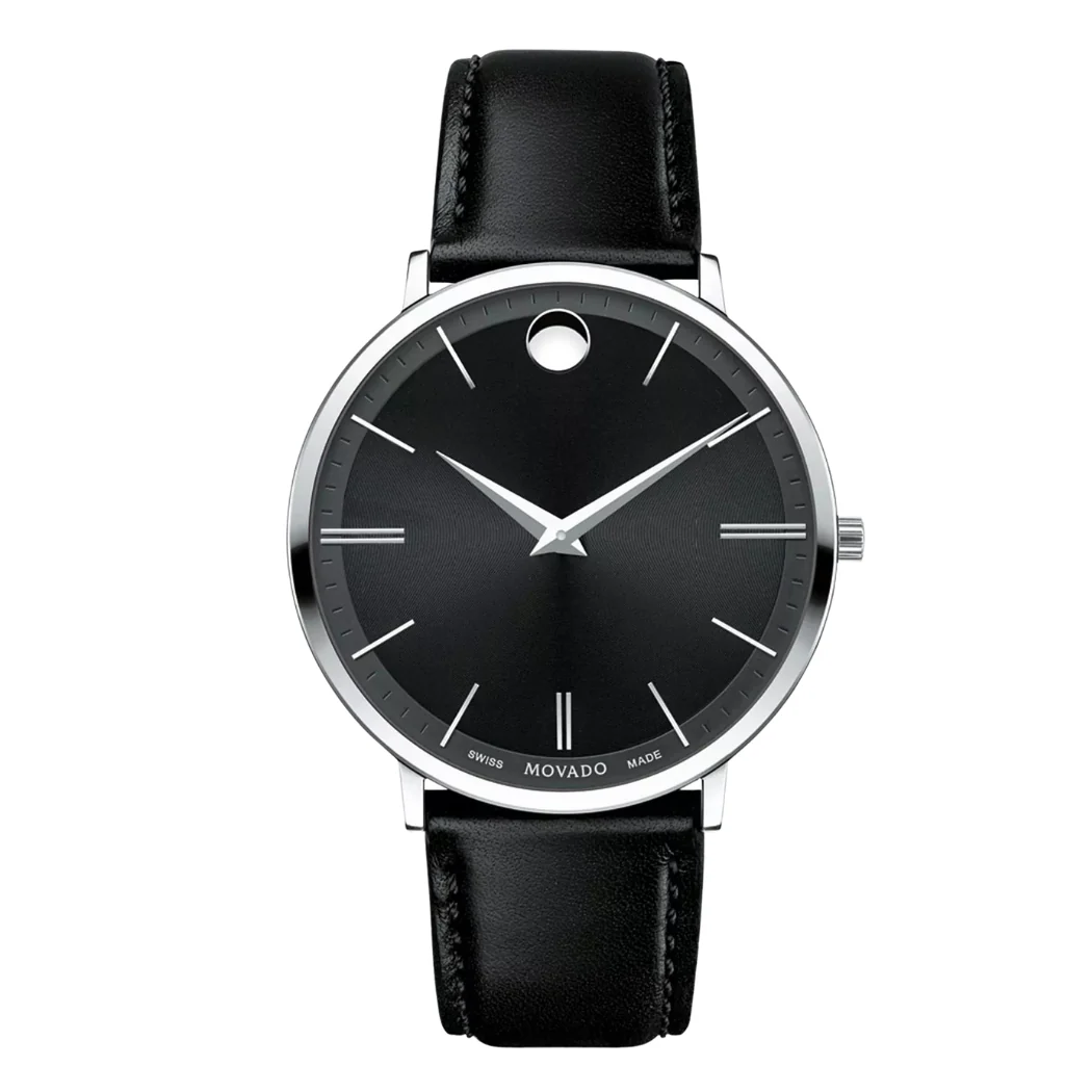 Movado Ultra Slim Black Leather Strap Black Dial Quartz Watch for Gents - Movado 0607086