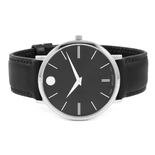 Movado Ultra Slim Black Leather Strap Black Dial Quartz Watch for Gents - Movado 0607086 - Image 2