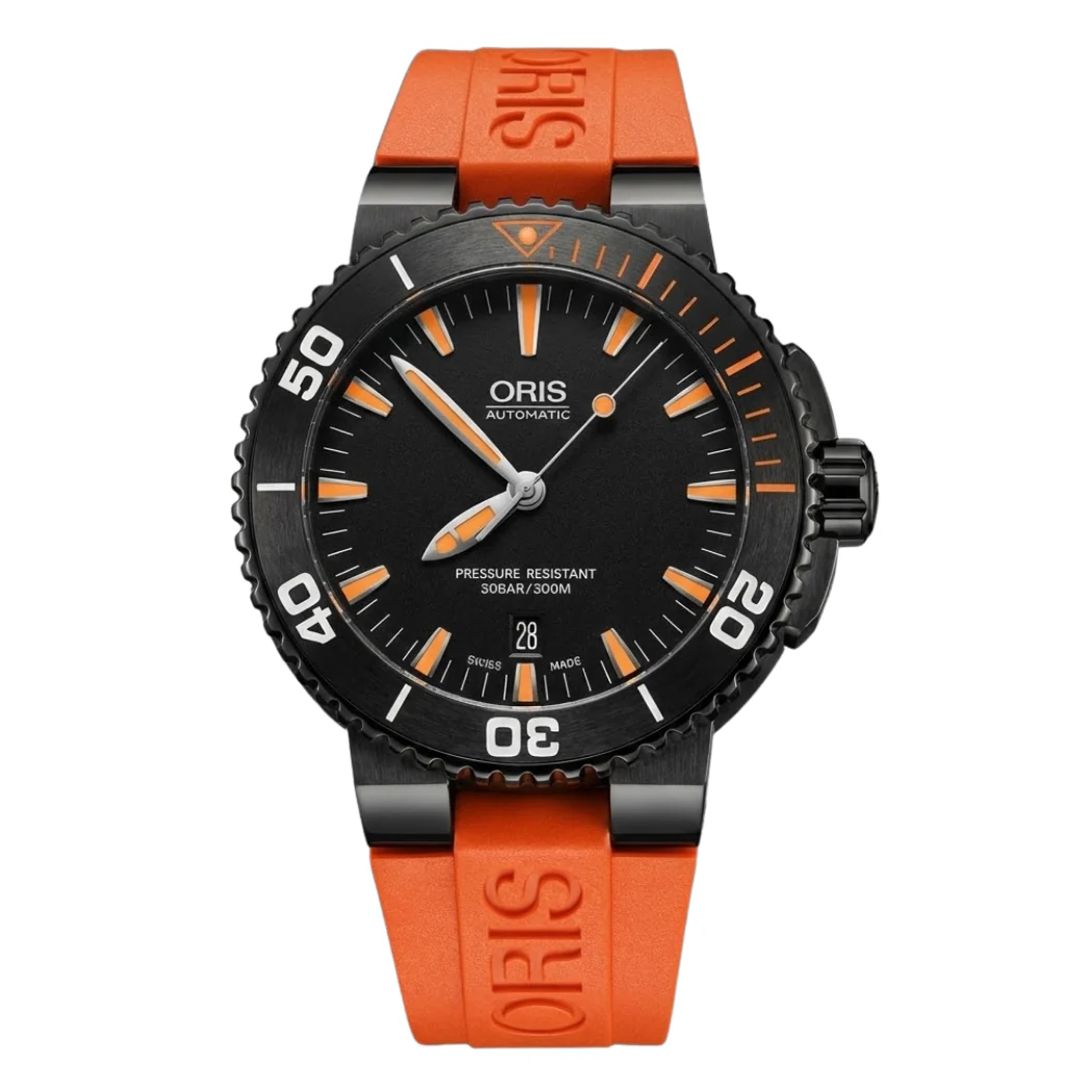 Oris Orange Silicone Strap Black Dial Automatic Watch for Gents - ORIS 01733765342590742632GEB